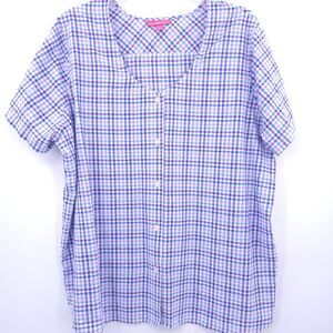 Woman Within 2X Blue Purple Plaid Cotton Short Sleeve Button Front Top‎ Blouse
